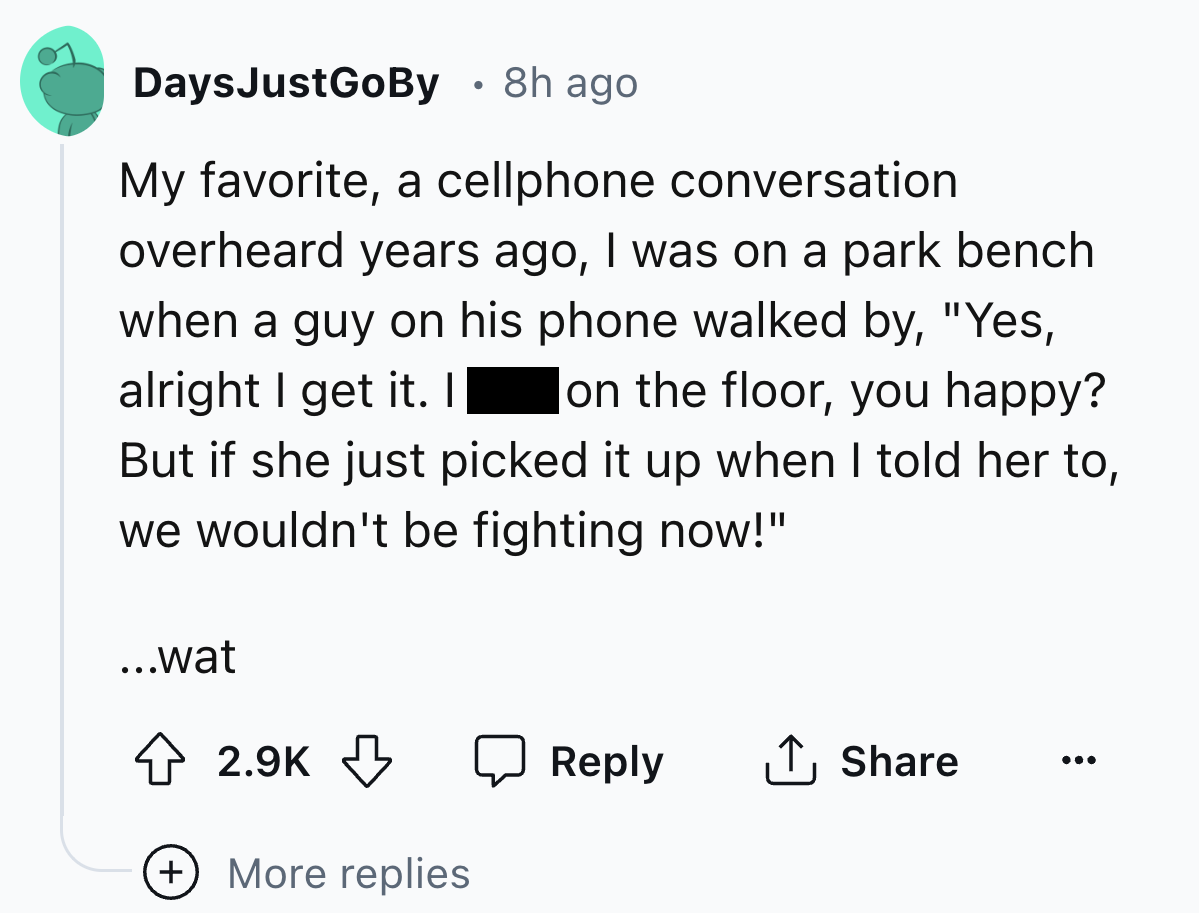screenshot - DaysJustGoBy 8h ago My favorite, a cellphone conversation overheard years ago, I was on a park bench when a guy on his phone walked by, "Yes, alright I get it. I on the floor, you happy? But if she just picked it up when I told her to, we wou
